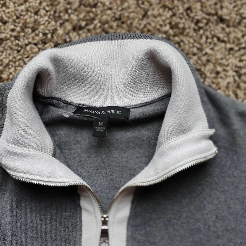 Banana Republic Factory Cotton Zip-Collar Pullover Sweater Gray White M